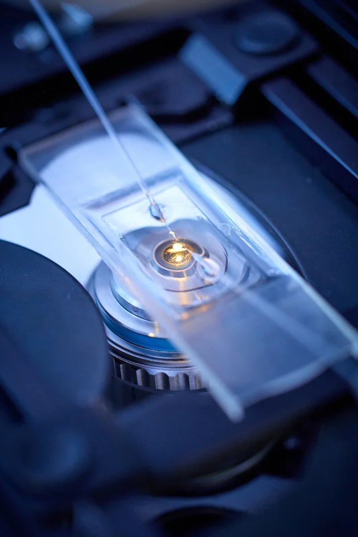 Eine Wissenschaftlerin und ein Wissenschaftler arbeiten hinter einer Glasfassade und mischen Chemikalien mit Großgeräten.